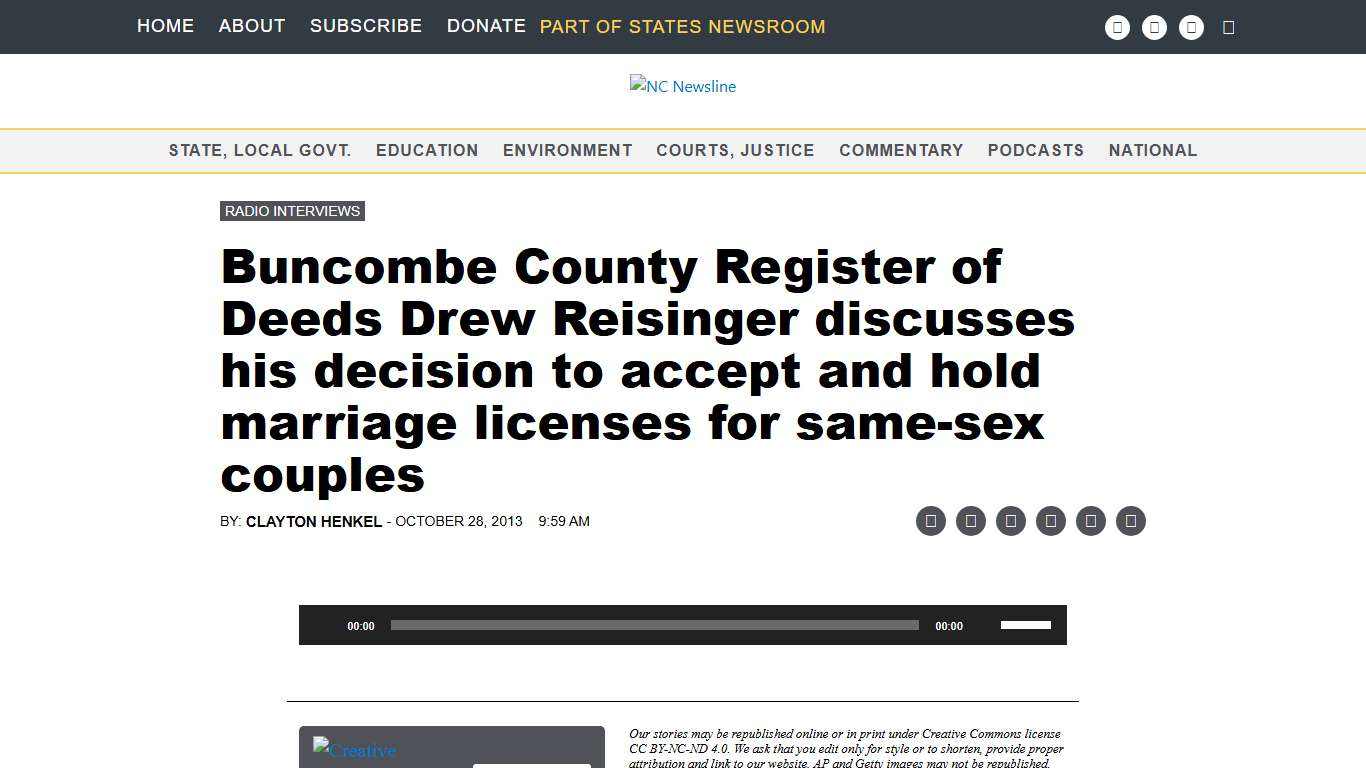 Buncombe County Register of Deeds Drew Reisinger discusses his decision to accept and hold marriage licenses for same-sex couples • NC Newsline